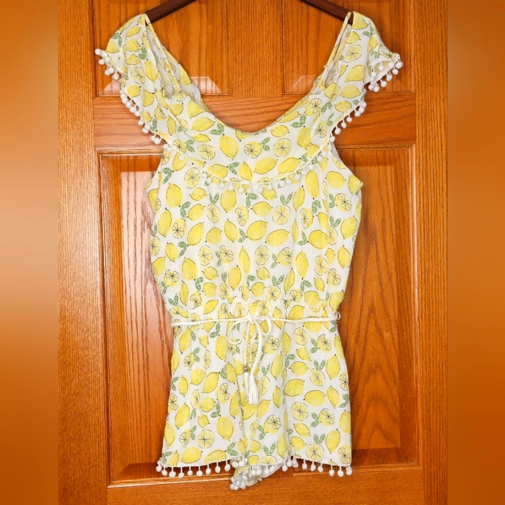 Y2K The Edit Seventeen Lemon PRINT Cold Shoulder Romper Pom Detail Juniors XL